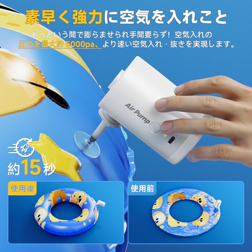 電動ポンプ 電動エアーポンプ 【過熱保護&増圧機能&ライト付き】電動空気入れ 空気抜き 両対応 高速充填 超軽量 USB充電式 携帯式エアーポンプ 小型 バッテリー大容量 連続使用可能1時間 インフレーターマット 浮き輪 プール ゴムボート エアベット ビニールブール 真空圧縮袋適用 5種類ノズル付き 日本語取扱説明書付き 中間 画像