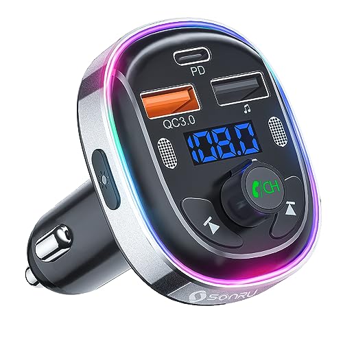 【 2025進化モデル】SONRU FMトランスミッター Bluetooth 5.3 デュアルマイク ノイズ軽減 車載充電器 3つポート USB&Type-C QC3.0急速充電 PD30W対応 車載FMトランスミッター 12V/24V車対応 ハンズフリー通話 7色LEDライト シガーソケット USBメモリSiri&Google Assistant対応 日本語取扱説明書 画像1