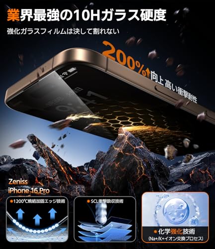 Zeniss iPhone 16 Pro ガラスフィルムに適合する 覗き見防止 【米軍規格航空材料&革新的なガイド枠】2枚セット iphone16 Pro保護フィルム 耐衝撃·硬度10H 全面保護 気泡レス 自動吸着 貼りやすい アイフォン16 プロ スマホフィルム 超鮮明な画質 高光沢 ブルーライトカット 目に優しい 覗き見防止フィルム 指紋防止 飛散防止 スクラッチ防止 携帯フィルム 強化ガラス 極細黒縁あり 6.3インチ 中間 画像