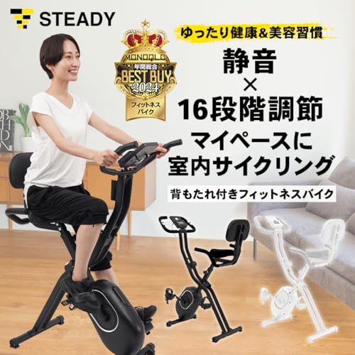 【MONOQLO年間ベストバイ受賞】STEADY フィットネスバイク エアロバイク 家庭用 静音 折り畳み Designed in Japan 独自開発の非接触式airホイール サイクリングマシン (07.ホワイト/背もたれあり) 中間 画像