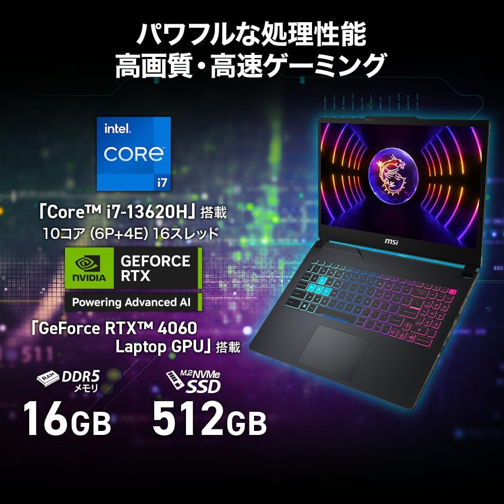 MSIゲーミングノートPC Cyborg15 1.98kg Corei7 RTX4060/15.6インチ FHD/144Hz/16GB/512GB/Windows 11/Cyborg-15-A13VFK-1002JP 1枚目 画像