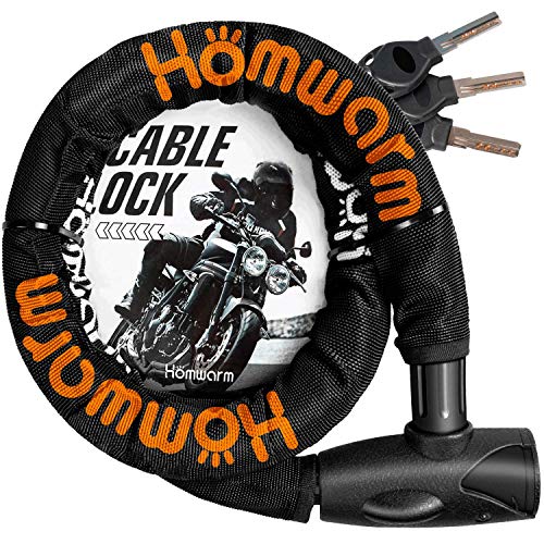 Homwarm バイクロック チェーンロック バイク 自転車 ワイヤーロック φ(直径)22mm×1200mm 頑丈 盗難防止 鍵3本セット (ブラック) 1枚目 画像