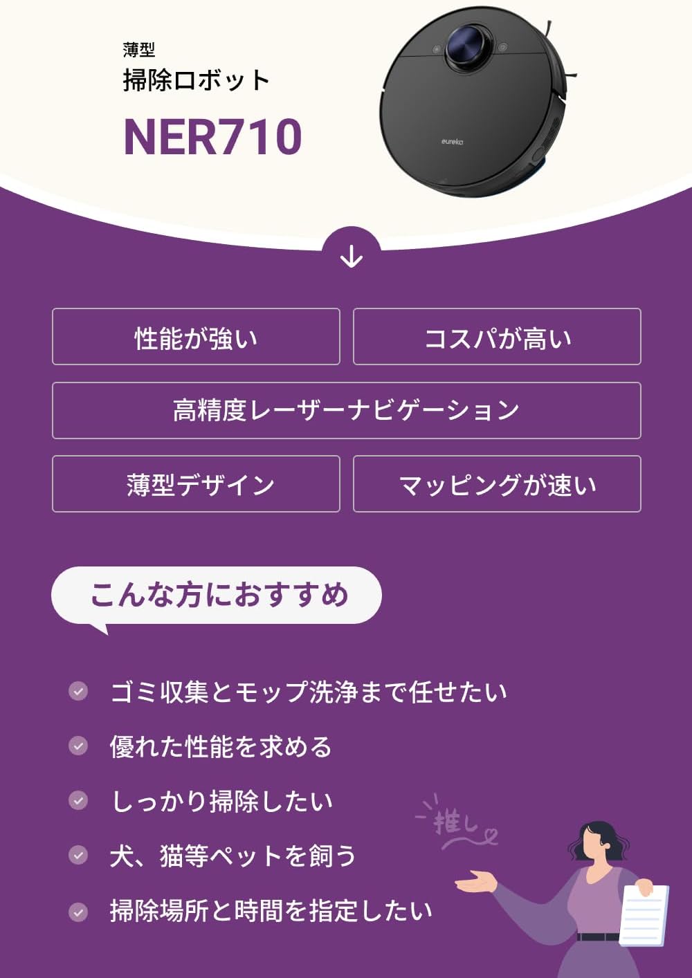 EUREKA(ユーリカ) NER710 ロボット掃除機 8000Pa強力吸引力 水拭き両用 中間 画像