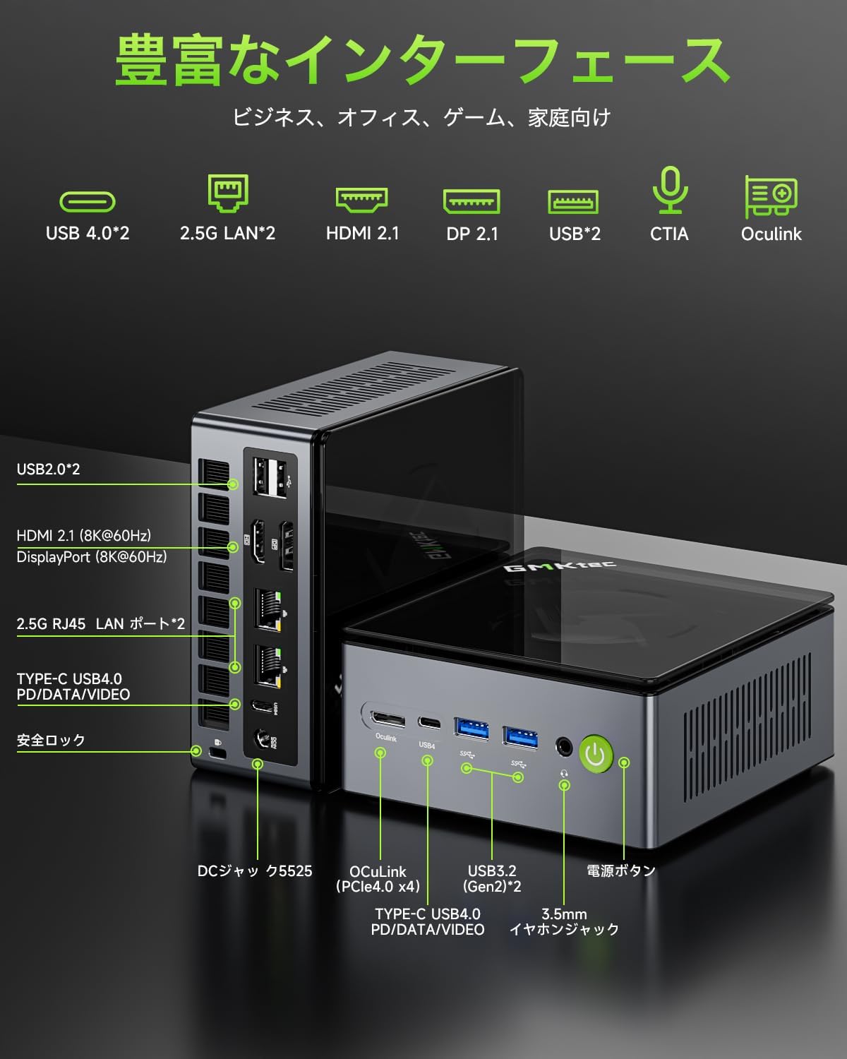 【ゲーミング最強ミニPC】 GMKtec ミニPC AMD Ryzen7 PRO 6850H搭載 【96GB DDR5 +4TB SSD （拡張可能）】Oculink 搭載 USB4.0*2 Windows11 Pro WiFi6 デュアル2.5G LAN HDMI2.1(8K@60Hz) 4画面出力 GMKtec NucBox M7 DDR5 32GB+1TB SSD ゲーミングPC 高性能仕様 中間 画像
