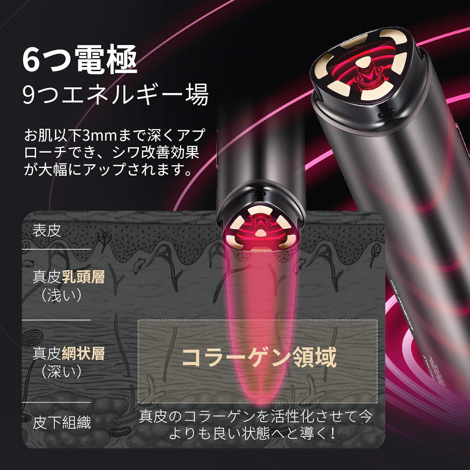 AMIRO 美顔器 EMS 1台10役 ラジオ波 RF美容器 肌引き締め 表情筋ケア リフトケア 冷却機能 赤色LED 赤外線LED 自宅エステ コードレス ブラック R1 中間 画像