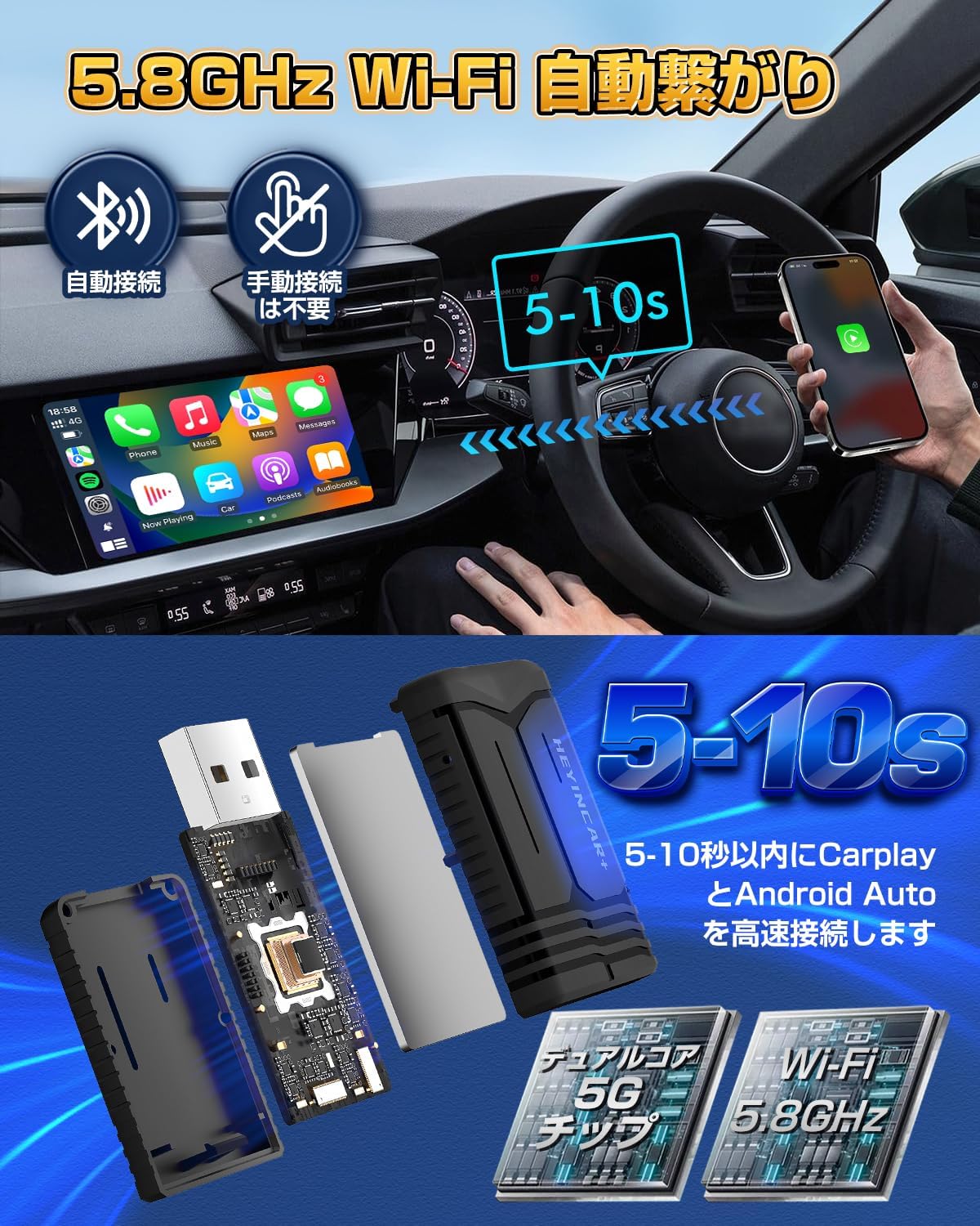 HEYINCAR+ ワイヤレスCarPlay Android Auto アダプター Bluetooth 多言語対応 最後 画像