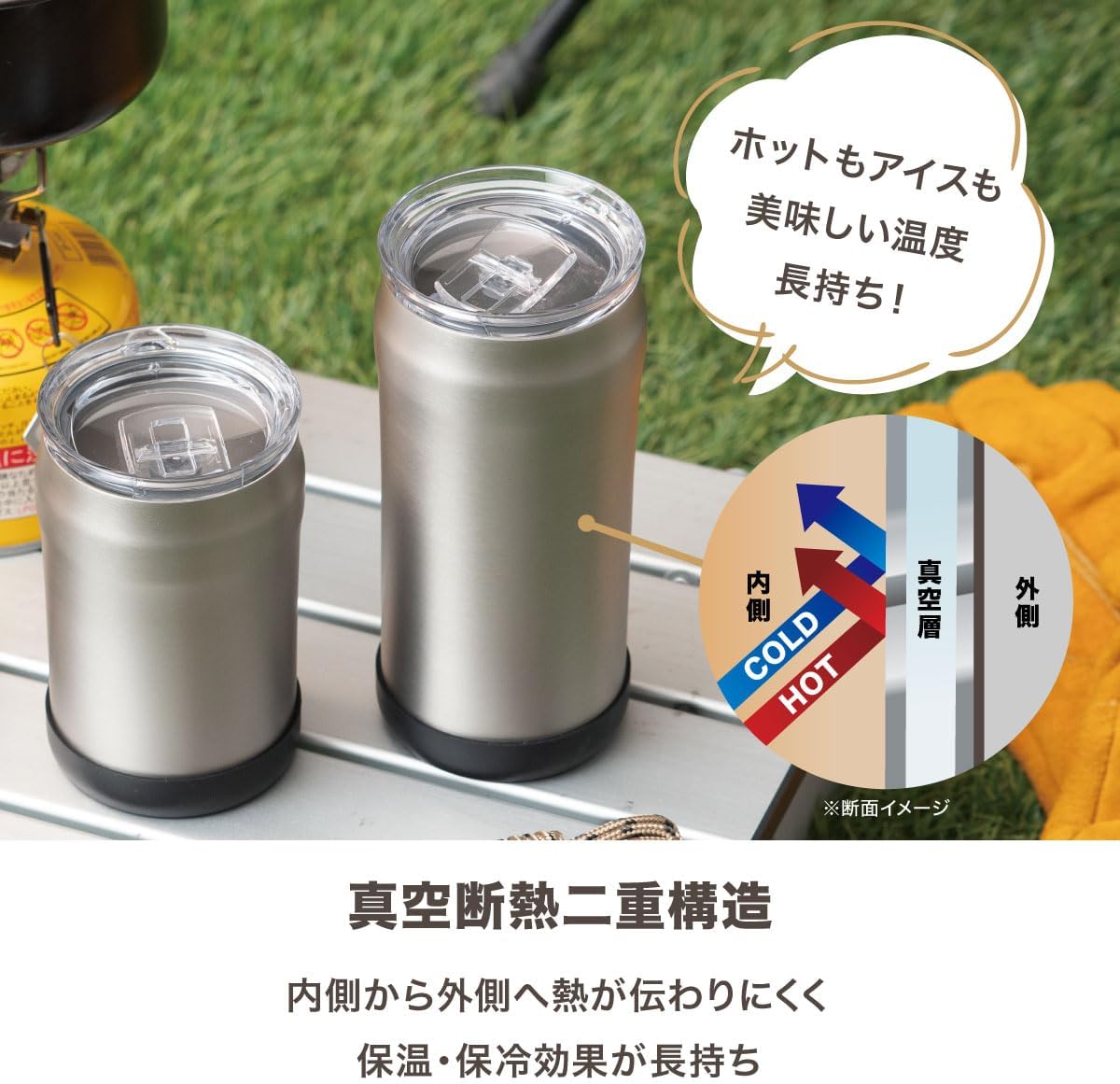 アトラス 缶ホルダー タンブラー フタ付き 360ml 洗いやすい 真空断熱 保冷 保温 アウトドア 350ml缶用 シルバーマット 3way WENS PRODUCTS A3WAY-350SMT 1枚目 画像