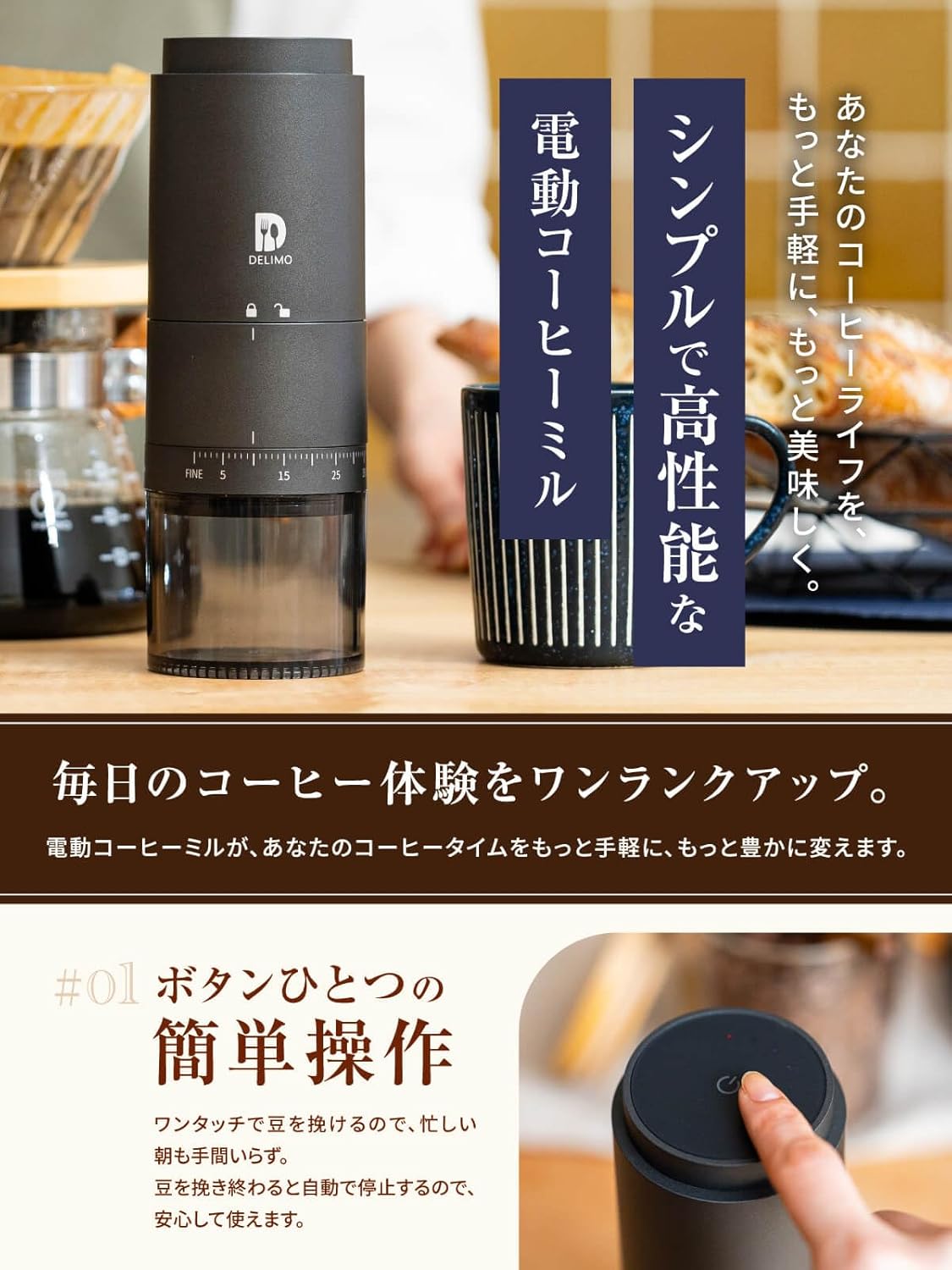 Delimo 電動コーヒーミル 臼式 39段階粒度調整 最後 画像