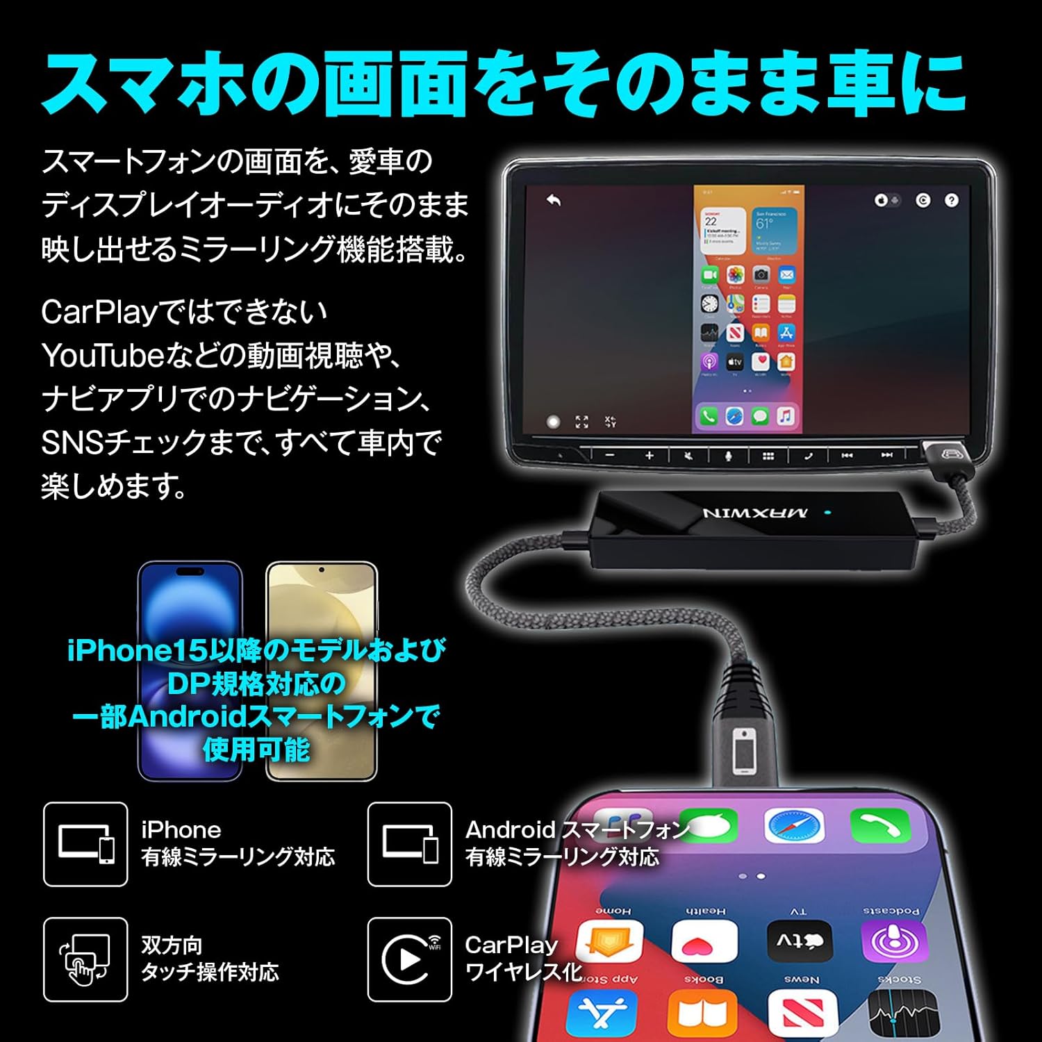 MAXWIN ミラーリング アダプター スマホ画面をカーナビに映す DA-AD03 中間 画像