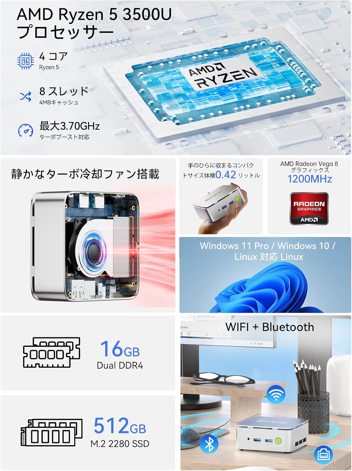 【ミニPC Ryzen 5 3500U搭載・N150より速い】GMKtec G10 mini pc 動作より安定最大3.7GHz 4コア8スレッド DDR4 16GB＋512GB M.2 NVMe SSD 8TB拡大可能WiFi5/BT5.0 2.5G LAN対応 小型PC 静音設計 USB3.2×3 3画面HDMI/DP/Type-C 4K出力可能 16GB+512GB 中間 画像