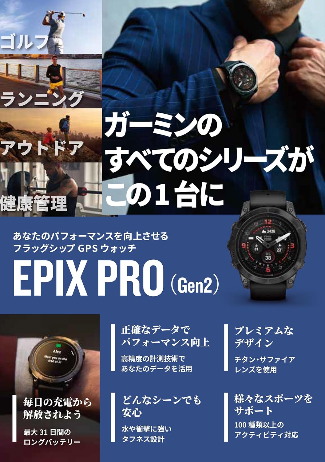 ガーミン GARMIN epix Pro Sapphire Ti Carbon Gray プレミアムアクティブスマートウォッチ 中間 画像