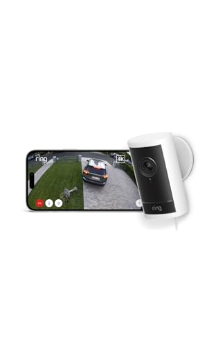 【New】Ring Outdoor Cam Pro Plug-in (リング アウトドアカム プロ 電源アダプターモデル) | 高画質・広角の4Kビデオ屋外防犯カメラ | 10倍ズーム・モーション検知搭載 | Ring Home プラン30日間無料体験付き - ホワイト 画像1