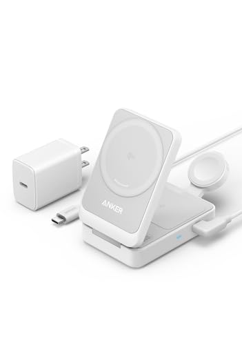 Anker MagGo Wireless Charging Station (Foldable 3-in-1) Qi2対応 マグネット式 3-in-1 ワイヤレス充電ステーション/ワイヤレス出力/Apple Watchホルダー付 MagSafe対応 iPhone 16 / 16 Pro / 16 Pro Max / 15 / 14 / 13 ホワイト 1枚目 画像