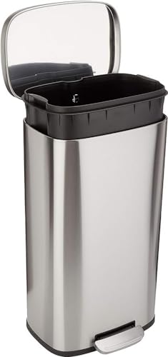 Amazonベーシック ゴミ箱 30L(30リットル) ソフトクローズ 静音 ふた付き ペダル付き スチール製 サテンニッケル おしゃれ 長方形 画像1