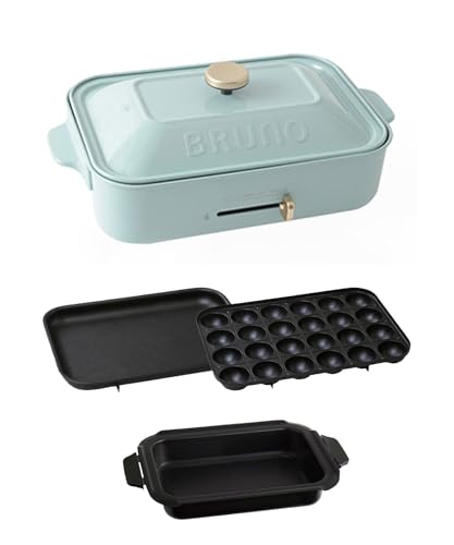 BRUNO ブルーノ コンパクトホットプレート 本体 プレート3種 (たこ焼き 黒色セラミックコート鍋 平面)ブルーグレー 青 灰 Blue Gray おしゃれ かわいい これ1台 一台 蓋 ふた付き 1200w 温度調節 洗いやすい 1人 2人 3人用 小型 ひとり暮らし にも A4 サイズ BOE021-BGY 1枚目 画像