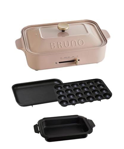BRUNO ブルーノ コンパクトホットプレート 本体 プレート3種 (たこ焼き 黒色セラミックコート鍋 平面)ピンクベージュ 桃色 ベージュ おしゃれ かわいい これ1台 一台 蓋 ふた付き 1200w 温度調節 洗いやすい 1人 2人 3人用 小型 ひとり暮らし にも A4 サイズ BOE021-PBE 画像1