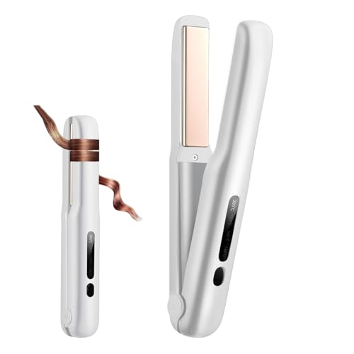 コードレス ヘアアイロン 2WAY 18mmプレート カール&ストレートコードレスアイロン 140℃～200℃ 4段階温度設定可能 30s 急速加熱 20分自動電源OFF 誤起動防止ロック Type-C 充電式ヘアアイロン 男女兼用 ミニ 小型 軽量 持ち運び便利 家庭/出張/通勤/旅行用 (ホワイト) 画像1