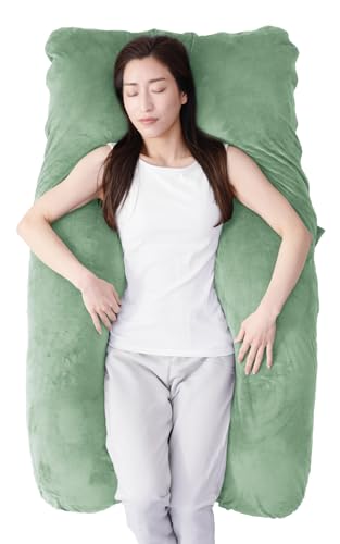 【TV雑誌で多数紹介！】ハグモッチ® 正規品 抱き枕 ふわもち 妊婦 【カバータイプ：ベロア】 安眠 枕 【寝姿勢を保つ/体圧分散】 クッション 大きい【カバー洗える/補充綿付き】エレガントグリーン 画像1