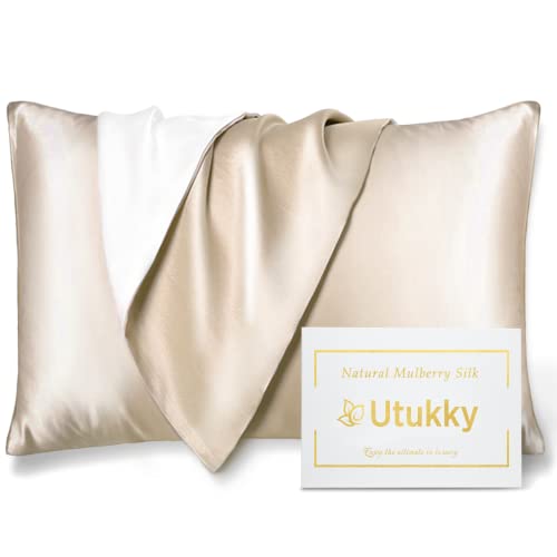 Utukky シルク枕カバー【TVで紹介】まくらカバー 片面シルク枕カバー 43×63cm 封筒式枕カバー シルクピローケース テンセル 洗える 寝癖軽減 抗菌防臭 美髪・美肌 敏感肌に優しい 四季適応 クリスマス 新年ギフト 贈り物 1枚セット シャンパン 画像1
