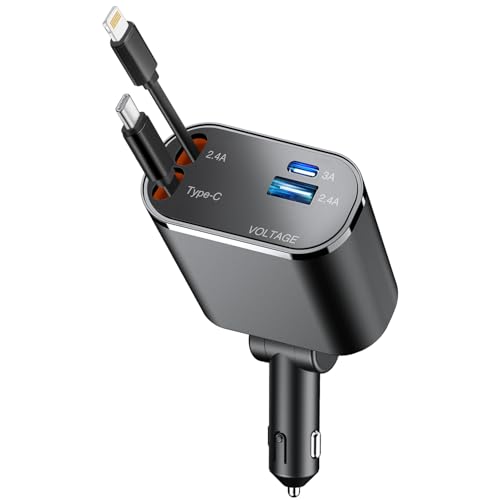 【2025年新進化 総139W・急速充電】シガーソケット USB 車 充電器 巻き取り式 4 in 1 カーチャージャー 4台同時使用 ケーブル 2本 Type-C/Lightning DC12/24V 車対応 多機種に対応 車載 カー用品 車用品 コンパクト(グレー) 1枚目 画像