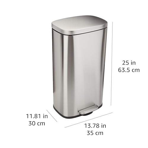 Amazonベーシック ゴミ箱 30L(30リットル) ソフトクローズ 静音 ふた付き ペダル付き スチール製 サテンニッケル おしゃれ 長方形 中間 画像