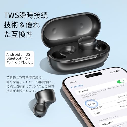 Bluetoothイヤホン ワイヤレスイヤホン 音量調整【2025最新EDR+Bluetooth5.4搭載】 iPhone/Android/Pad適用 接続瞬時 スマートENC通話 最大70時間駆動/充電ケース複数回充電対応 小型/軽量 片耳/両耳 スポーツ/通勤通学/WEB会議 中間 画像