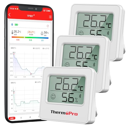 ThermoPro 温湿度計 Bluetooth 温度湿度計 デジタル 温度計 無線 高精度 見やすいデカ文字 スマホで温度湿度管理 アラーム機能 ミニサイズ 壁掛け マグネット スタンド付 梅雨 熱中症対策 乾燥対策 温室 部屋 室内用 TP357 (3個) 画像1