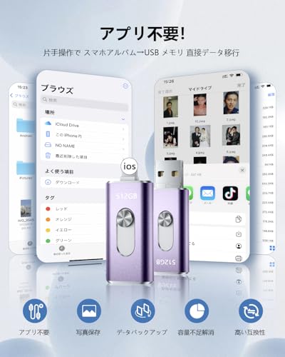 512GB usbメモリ【アプリ不要・アルバムから写真保存】4in1プッシュ型 Phone対応 スマホ携帯 高速 データ保存 バックアップ iOS/Type-C/USB/Micro USBフラッシュメモリ 外付けストレージ スライド式 容量不足解消 usbメモリ!512GB Purple 最後 画像
