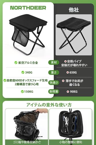 Northdeer【2025Newモデル】折りたたみ椅子 コンパクト 超軽量 アルミ合金 ショルダーとカラビナ付き 持ち運び 便利 アウトドアチェア 収納袋一体型 携帯チェア キャンプ 椅子 【意匠権取得】 日本語取扱説明書付き 旅行 ハイキング お釣り 試合観戦 2点入り 中間 画像