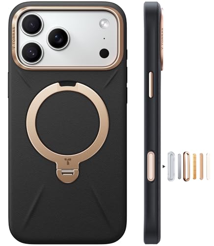 TORRAS iPhone 17 Pro Max 用 ケース【新感覚レザー・スキンタッチ】Ostand Q3 レザートーン MagSafe対応 リング スタンド 360°定点回転 縦横両対応 マグネット搭載 革 カメラコントロールボタン 米軍規格 耐衝撃 指紋防止 こくよう・ブラック 画像1