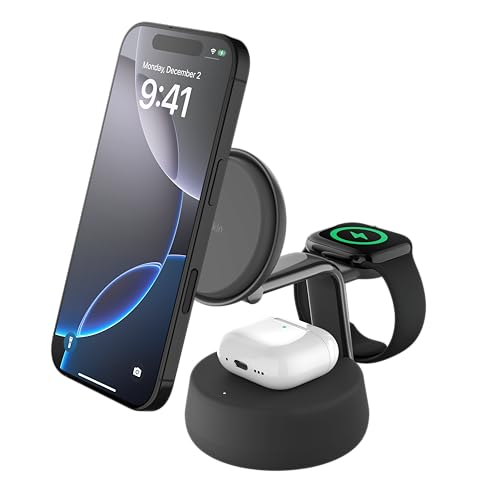 【Amazon.co.jp限定】Belkin Qi2 25W ワイヤレス充電器 3 in 1 世界初 充電スタンド Qi2公式認証 MagSafe マグセーフ 急速充電 iPhone Apple Watch アップルウォッチ Google Pixel 10 Pro XL チャコールブラック WIZ040dqCH ※Amazon.co.jp限定 壁紙ダウンロード付き 画像1