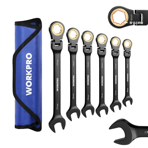 WORKPRO コンビネーションレンチ フレックスラチェットレンチ 6本組(8、10、12、13、14、17mm) 首振りラチェット スパナ なめたボルト・ナット対応可能 72ギア 両用ヘッド CR-V製 組み立て 自動車修理 メンテナンス用 収納袋付き 1枚目 画像