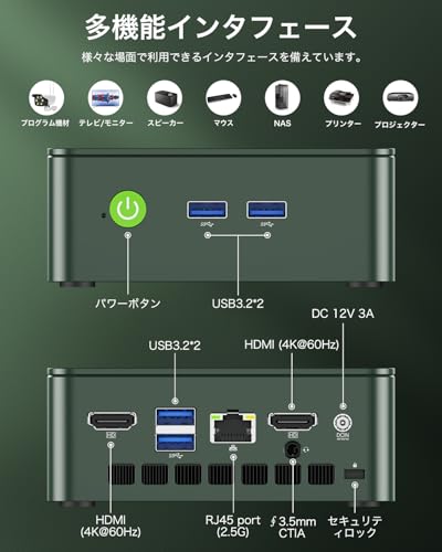GMKtec ミニpc 最新第12世代インテルAlder Twin-N150 mini pc Windows 11 Pro DDR4 16GB+512GB SSD 4コア/4スレッド 最大周波数3.6GHz WIFI6/BT5.2 TDP 6W 小型PC M.2 2280 NVMe(PCIe3.0)ミニパソコン 2.5G有線LANポート付き 静音性 2画面同時出力 緑 中間 画像