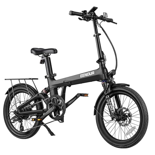 EENOUR 電動自転車 C2 電動アシスト自転車 折り畳み式 20インチ 最大150km走行可能 ダブルサスペンション 公道可 5段アシスト 7段変速ギア 型式認定 ディスクブレーキ 防水 通勤 街乗り 免許不要 Eバイク マットブラック 1枚目 画像