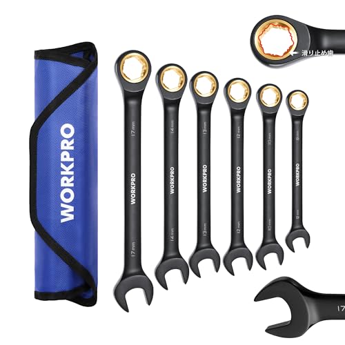 WORKPRO コンビネーションレンチ スパナセット コンビネーションスパナ 片口スパナ 6本組(8、10、12、13、14、17mm) なめたボルト・ナット対応可能 72ギア 両用ヘッド CR-V製 組み立て 自動車修理 メンテナンス用 収納袋付き 1枚目 画像