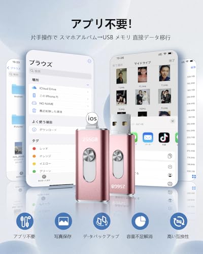 256GB usbメモリ【アプリ不要・アルバムから写真保存】４in1プッシュ型 Phone対応 スマホ携帯 高速 データ保存 バックアップ iOS/Type-C/USB/Micro USBフラッシュメモリ 外付けストレージ スライド式 容量不足解消 usbメモリ！256GB Pink 最後 画像