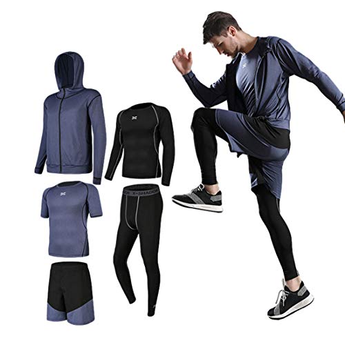 [foveitaa] コンプレッションウェア セット メンズ トレーニングウェア 5点セット 通気防臭 スポーツ ランニングウェア パーカー 長袖シャツ 半袖シャツ ハーフパンツ タイツ 吸汗速乾 拼接 taikong blue XL 画像1