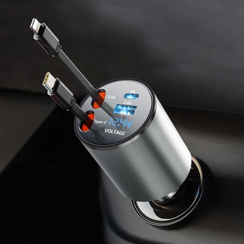 【巻き取り式・USB-C＆Lightning】VIKNAN シガーソケット 車 充電器 巻き取り式充電ケーブル 4台同時充電可能 車載充電器 カーチャージャー 急速充電 12V/24V対応 iPhone/Android対応 ハイエース ジムニー アクセサリー対応 画像1