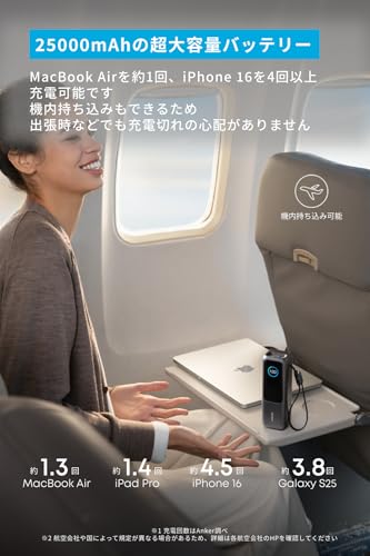 Anker Power Bank (25000mAh, Built-In & 巻取り式USB-Cケーブル) 【PD対応/PSE技術基準適合/USB-C入力対応 / 165W出力 MacBook PD対応Windows PC iPad Pro iPhone 16 / 15 Galaxy Android スマートフォン ノートPC 各種 (ブラック) 中間 画像