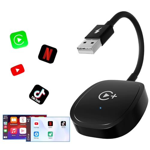 CarPlay ワイヤレス、ワイヤレス CarPlay アダプ2025年アップグレード版ターはド バージョン、Netflix、YouTube、Tiktok ストリーミング メディアを内蔵、Apple 有線 CarPlay カーと互換性、プラグ アンド プレイ、自動接続、2016 年以降に製造された車に適し、iPhone 6 または iOS 10+ と互換性あり携帯電話、黒 1枚目 画像