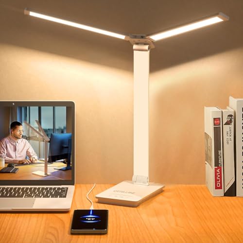 CATELLANE デスクライト 卓上ライト LEDライト ダブル光源 目に優しい 800lm 明るい 超高輝度 新型 節電【多角度調整/5段階調色/無段階調光/高演色性/12W省エネ/子供 勉強用】電球色・昼白色・昼光色 電気スタンド 読書灯 テーブルライト おしゃれ 人気 卓上照明 台灯 学習机 勉強机 収納簡単 タイマー機能 スマホ給電可能 寝室 読書 勉強 仕事 学習に適用 (ホワイト) 画像1
