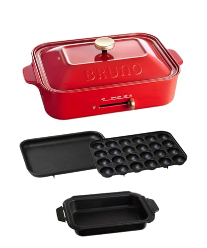 BRUNO ブルーノ コンパクトホットプレート 本体 プレート3種 (たこ焼き 黒色セラミックコート鍋 平面) レッド 赤 おしゃれ かわいい これ1台 一台 蓋 ふた付き 1200w 温度調節 洗いやすい 1人 2人 3人用 小型 ひとり暮らし にも A4 サイズ BOE021-RD 1枚目 画像