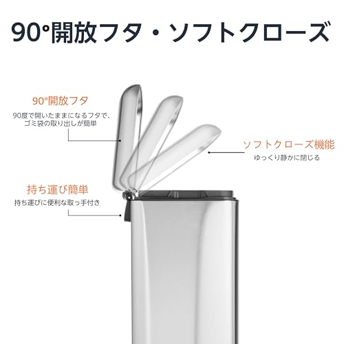 Amazonベーシック ゴミ箱 40L(40リットル) ソフトクローズ 静音 ふた付き ペダル付き スチール製 つや消しステンレス おしゃれ 長方形 中間 画像