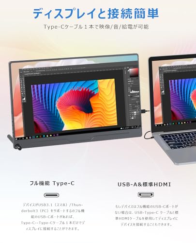 EVICIV モバイルモニター 15.6インチ 1920*1080 ゲーミング用 ポータブルディスプレイ IPS液晶パネル 薄型 軽量 ペンホールスタンド VESA 保護カバー USB Type-C 標準HDMI PS4/XBOX/Switch/PC/Macなど対応 在宅勤務 リモートワーク EVC-1506 中間 画像