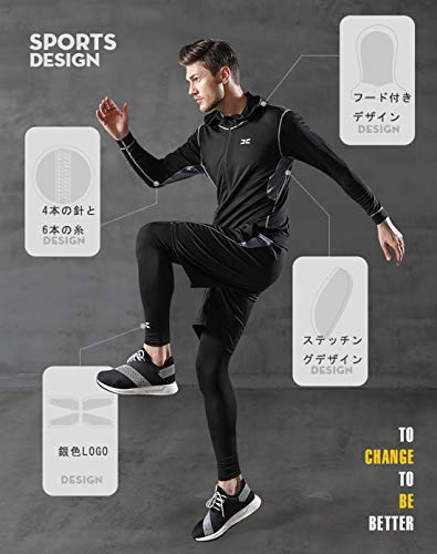 [foveitaa] コンプレッションウェア セット メンズ トレーニングウェア 5点セット 通気防臭 スポーツ ランニングウェア パーカー 長袖シャツ 半袖シャツ ハーフパンツ タイツ 吸汗速乾 拼接 taikong blue XL 中間 画像
