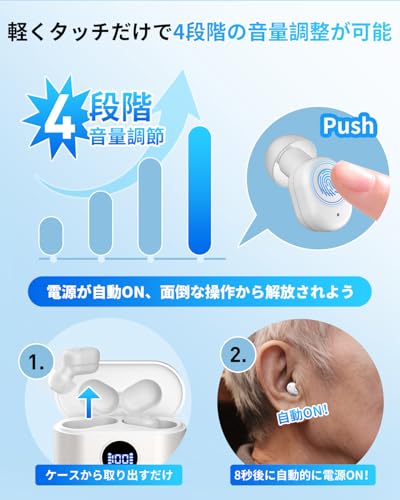 集音器 高齢者 しゅうおんき【2025年革新型 7月新登場 小さい耳にもフィット】4段階音量調整 簡単操作 音声拡聴器 3.2g軽量設計 コンパクト Type-C充電式 最大20-30時間連続使用可 自動電源ON/OFF 残量表示 300mah充電ケース 人間工学 疲れない 耳穴型デザイン 敬老の日 誕生日 日本語取扱説明書 最後 画像