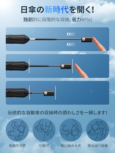 【JIS認証·現役皮膚科医監修】日傘 UVカット100遮光遮熱 折り畳み【業界初!改良型ワンタッチ自動開閉】UPEBおりたたみ傘 188g-230g超軽量 コンパクト 紫外線遮断 折りたたみ傘 耐風撥水 晴雨兼用 携帯便利 日傘メンズ/レディース/ガールズ/ガールズ/子供/大人兼用 収納ポーチ付き 母の日 父の日 お祝い 誕生日プレゼント2年品質保証 (ブラック, 100cm直径超大サイズ) 中間 画像