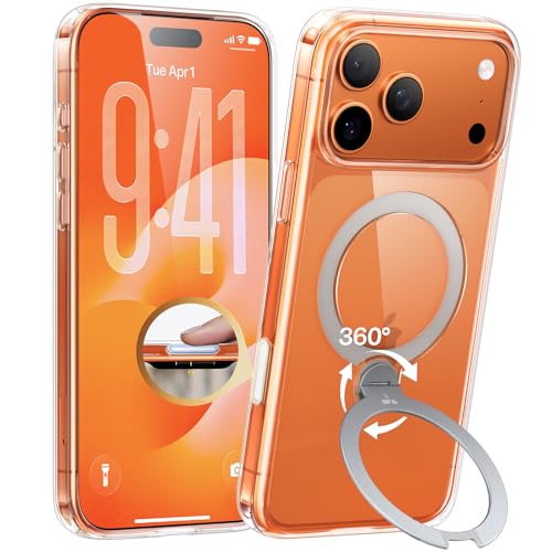TORRAS iPhone 17 Pro 用 ケース【多機能一体・360°新定点回転スタンド】 Magsafe対応 カメラコントロールボタン 高耐久性 耐衝撃 ゼンマイ式スタンド リング 縦横両対応 マグネット搭載 急速充電対応 指紋防止「Ostand Q3 Spin」クリア 1枚目 画像