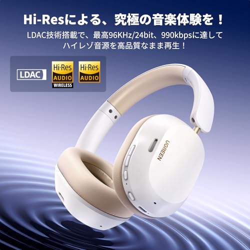 UGREEN ヘッドホン Bluetooth ワイヤレスヘッドホン ウルトラノイズキャンセリング 【LDAC ハイレゾ音質】 Bluetooth5.4 有線/無線 最長75時間音楽再生 マルチポイント対応 外音取り込み 風ノイズ低減マイク搭載 ステレオヘッドホン 専用アプリ対応 白 HiTune 最後 画像