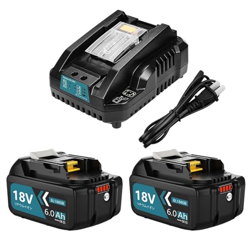 VANKO 互換 マキタ 18v バッテリー 充電器セット BL1860B 6.0Ah大容量 2個付き DC18RC 充電器付き マキタ 18v バッテリーに対応 LEDランプ残量表示 BMS基板搭載 長寿命セル採用 高耐久性 PSE認証済品 2億製造物責任保険付 (ブルー) 画像1